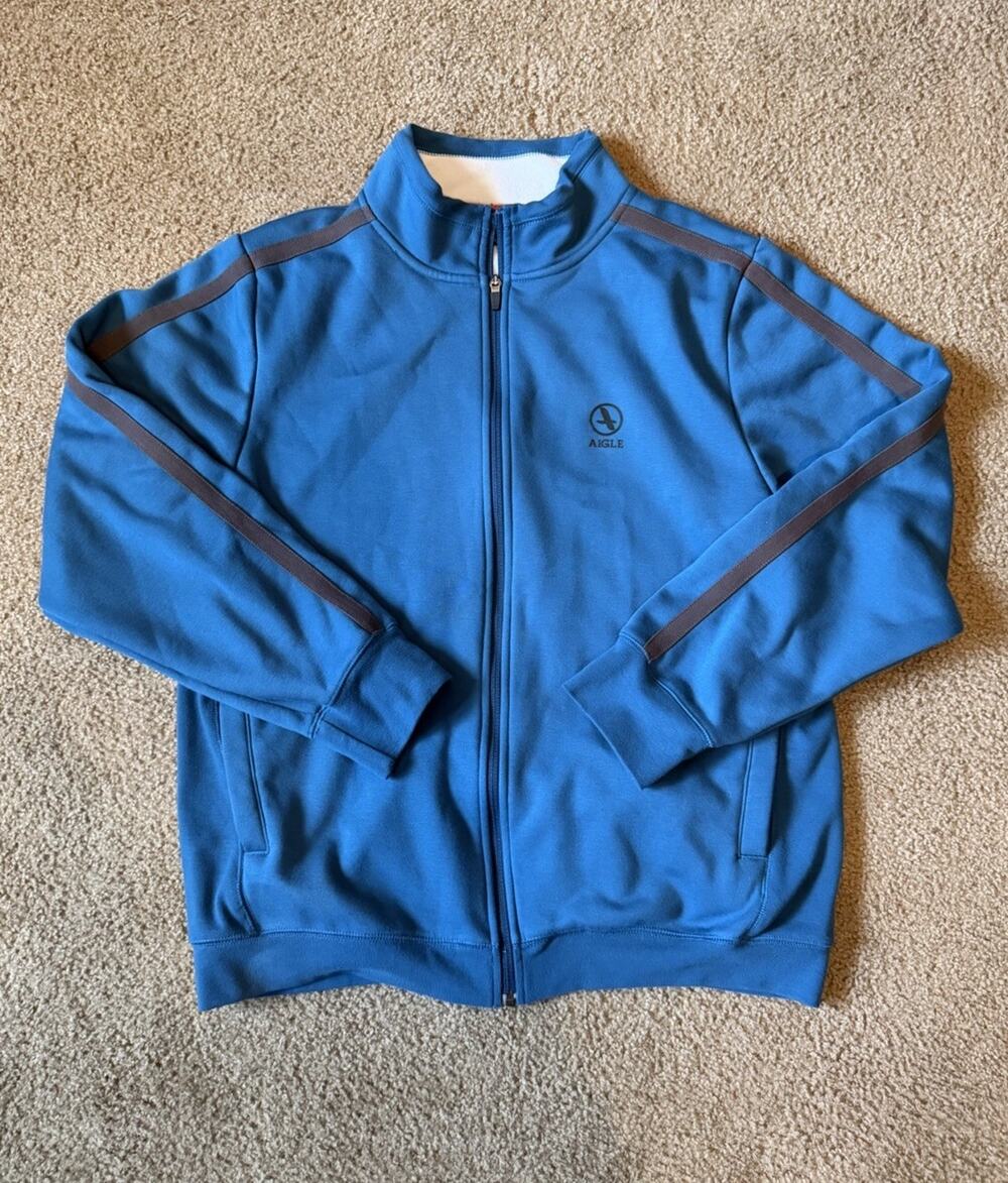 Aigle Men's Full Zip Fleece Track Jacket Blue Gray Sleeve Stripes Pockets Sz XL
